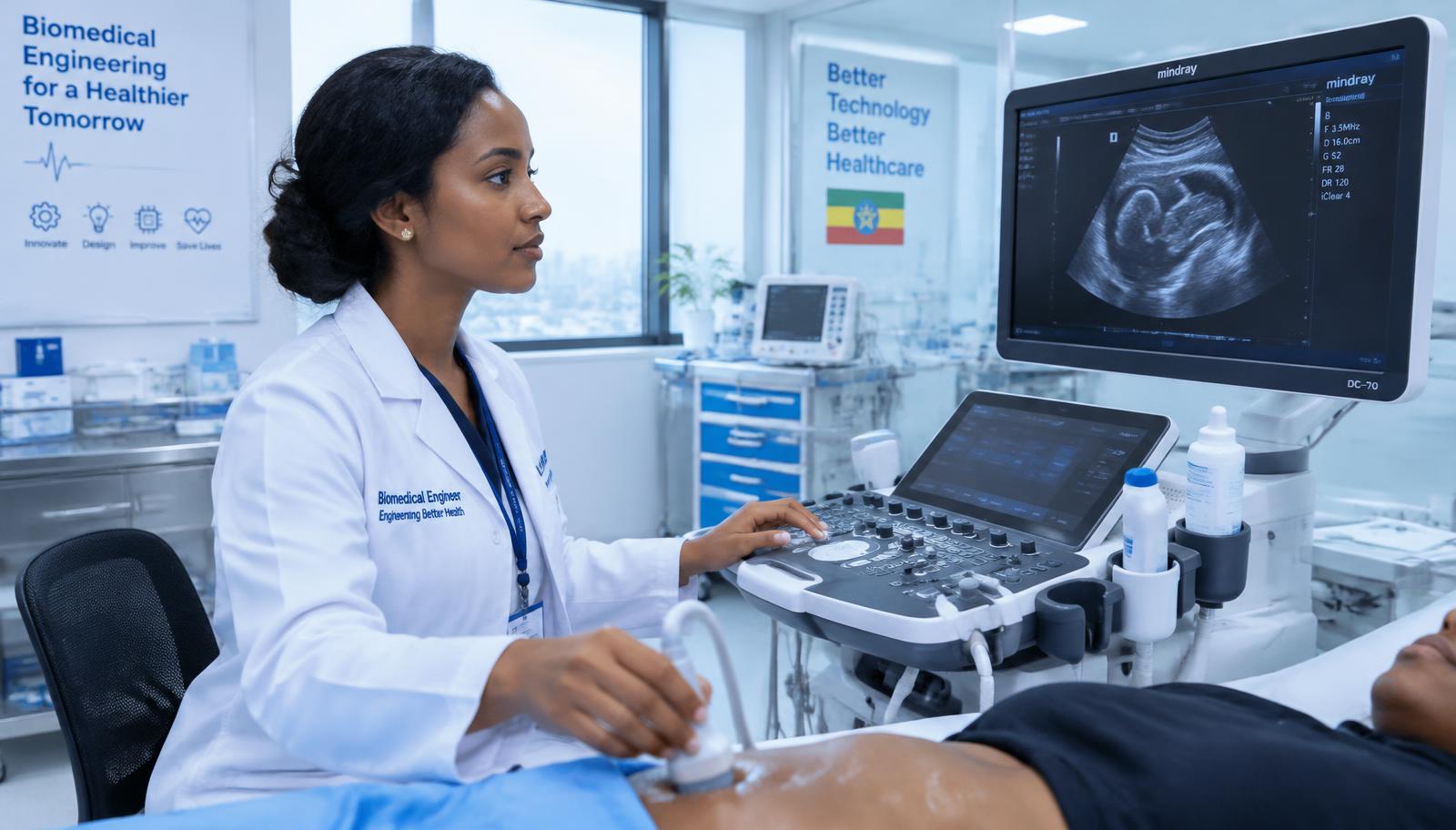 Biomedical engineer using an ultrasound system