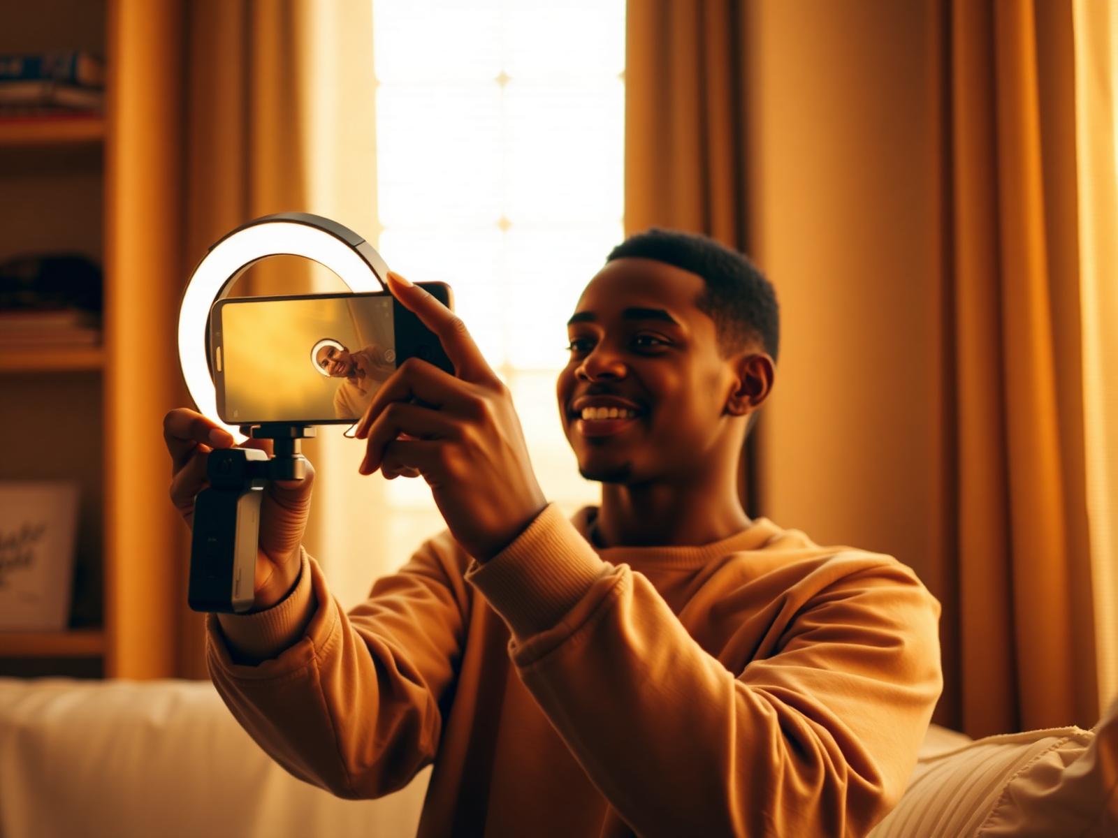 Ethiopian TikTok creator filming vertical content with a ring light